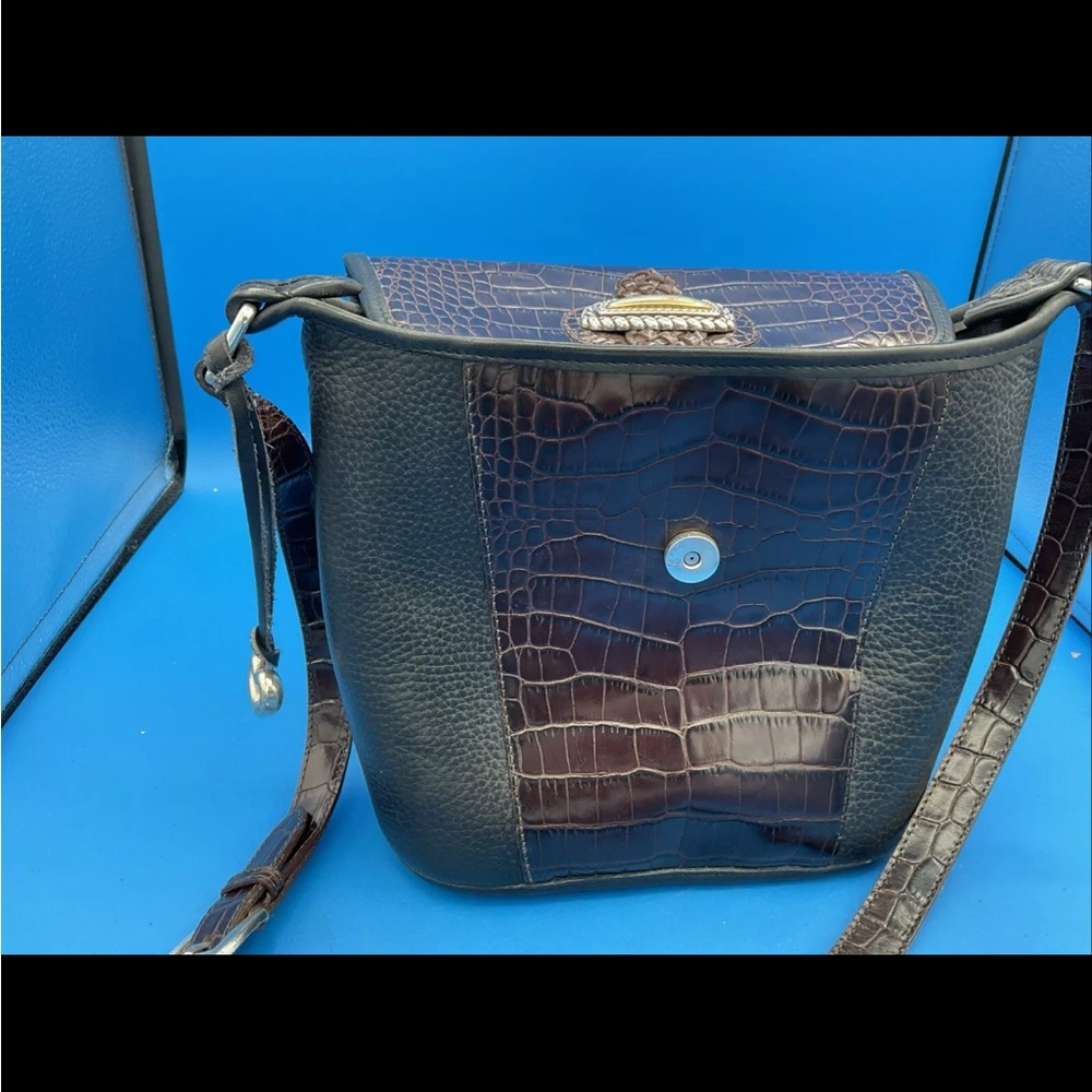 Vintage Brighton Croc-Embossed Black Leather & Brown Croc-Print Crossbody Bag - Picture 3 of 11